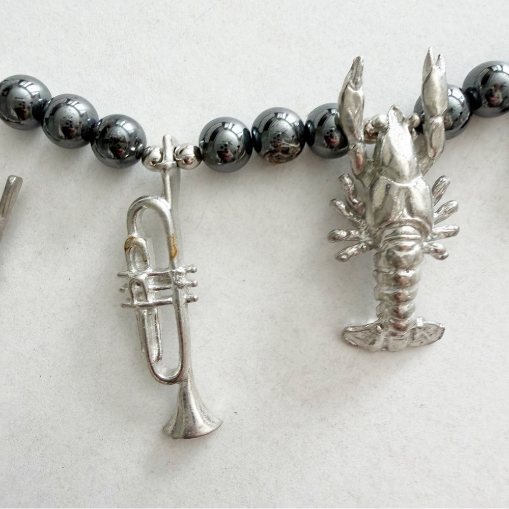 Maurice Milleur Charm Necklace Gumbo Necklace Hematite Pewter Beads Silver LSU - Picture 6 of 11